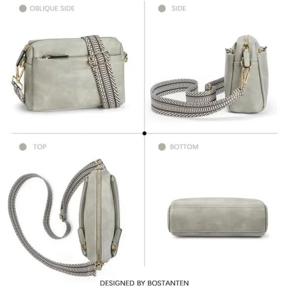 Women Gray Small Crossbody Purse Zip Leather Handbag with Colored Shoulder Strap